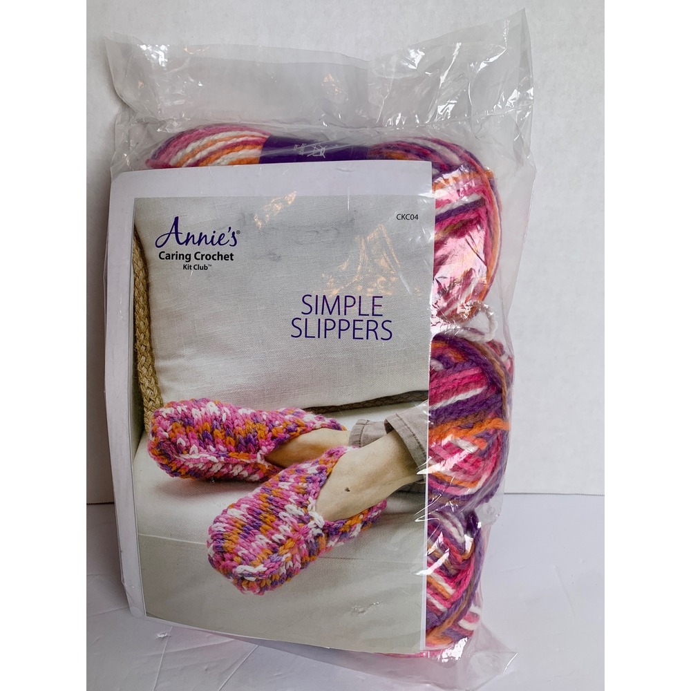 Annies Caring Crochet Kit Club Simple Slippers Pink Purple Multi Yarn/ Hook